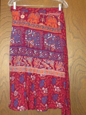 NWOT Darn Good Yarn XL Tea Cotton Wrap Skirt Elephants! Peacocks!